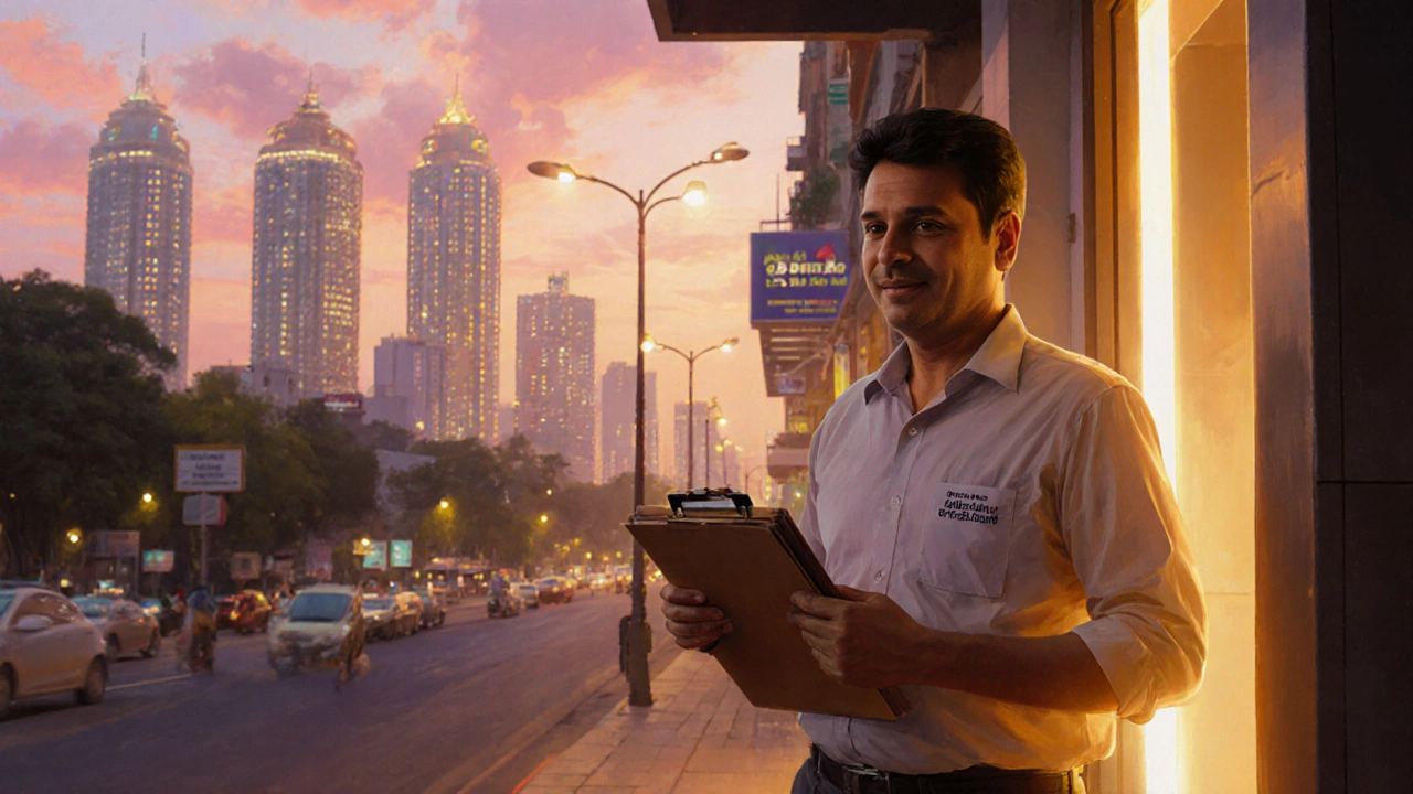 A person leaves a Bangalore diagnostic center at sunset, looking confident.
