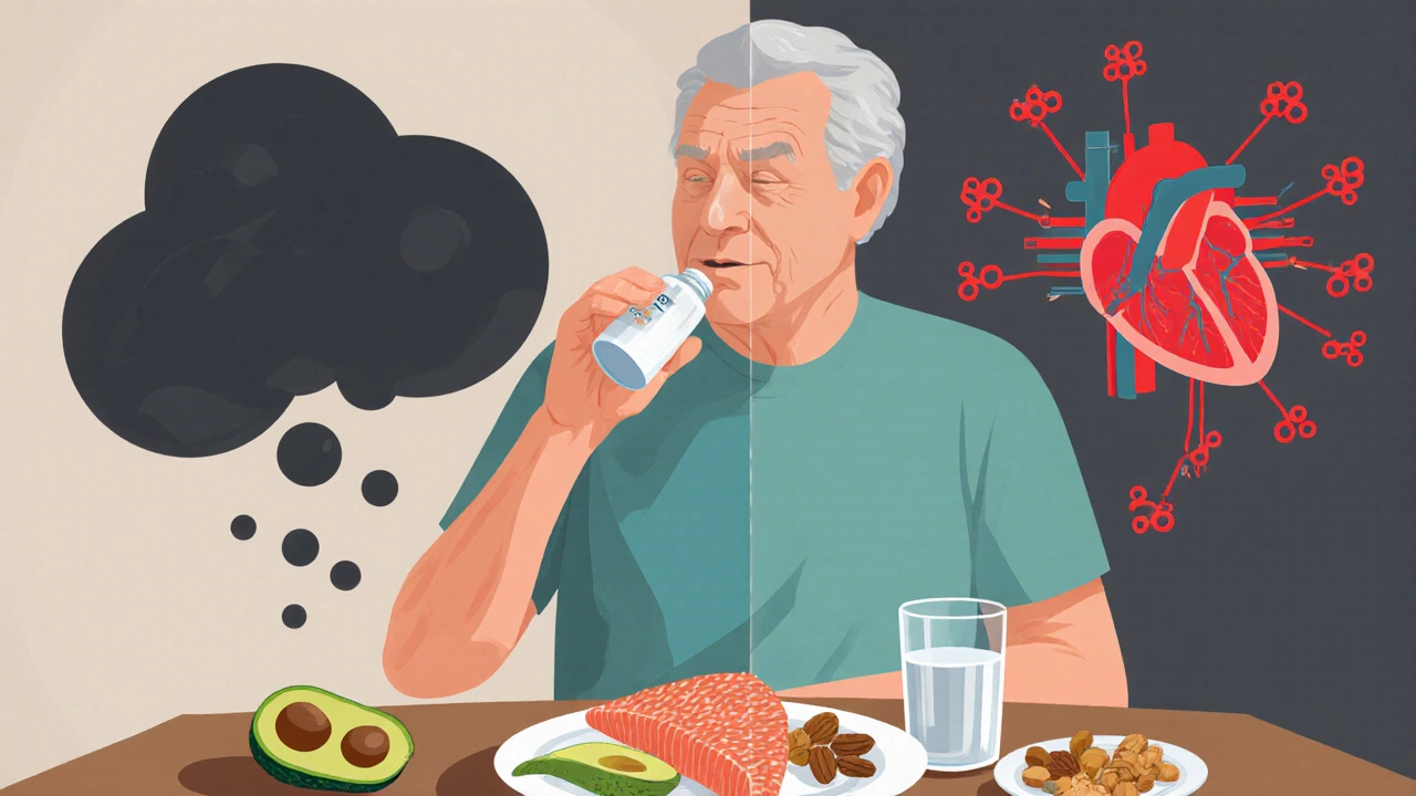 A person taking CoQ10 with healthy fats like avocado and fish, showing improved energy absorption.