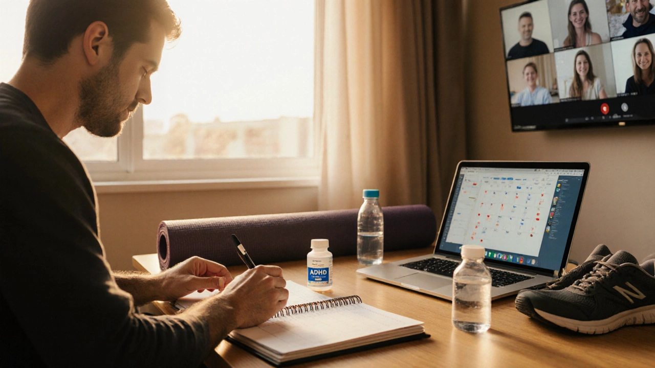 Adult using medication, planner, exercise gear and video support to manage ADHD.