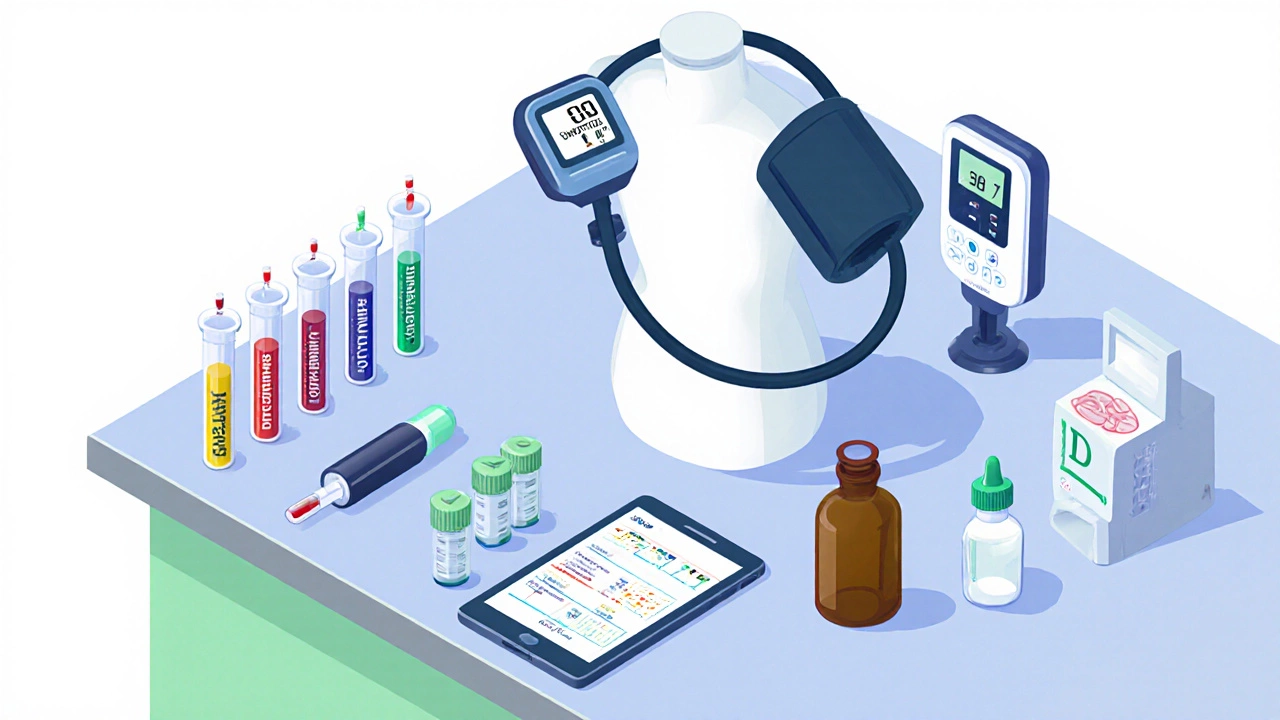 An illustration of a lab bench displaying various health test equipment.