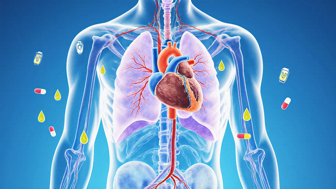 Anatomical illustration showing heart electrical disruptions, anesthesia haze, fluid buildup in legs and abdomen, medication icons, and nerve regrowth at sternum.
