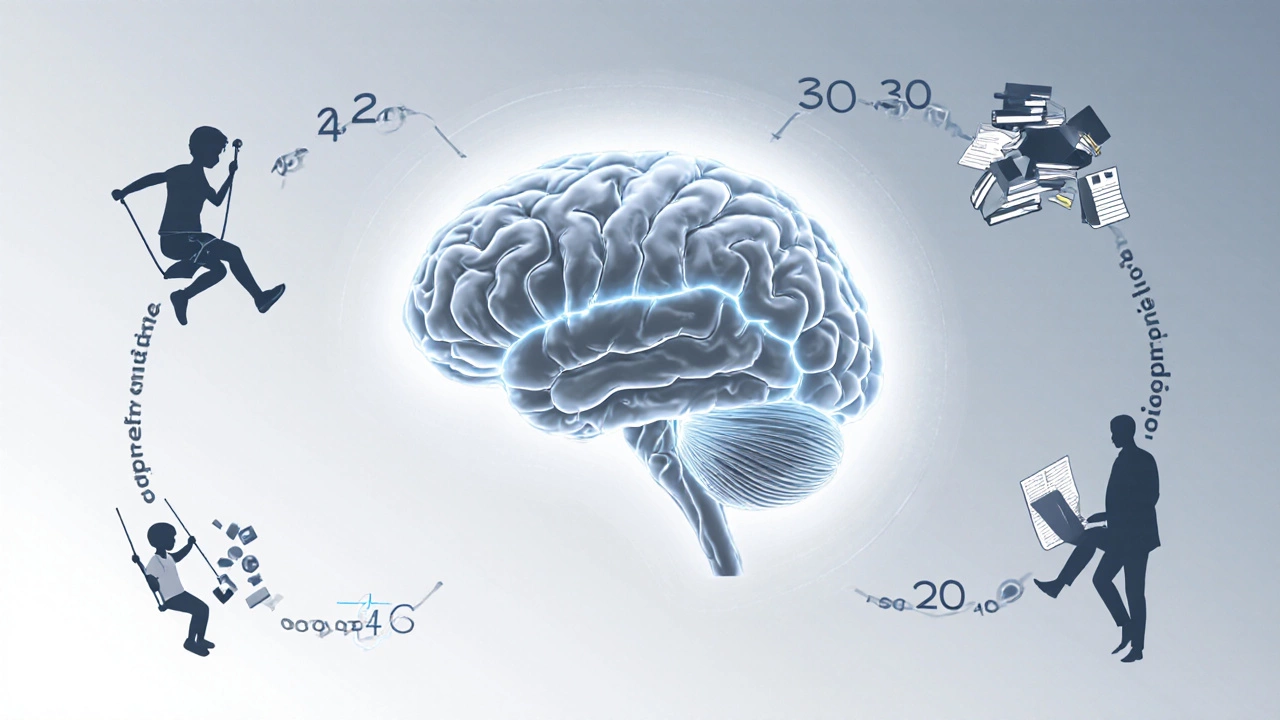 Brain illustration highlighting reduced prefrontal activity with a timeline of ADHD symptom changes.
