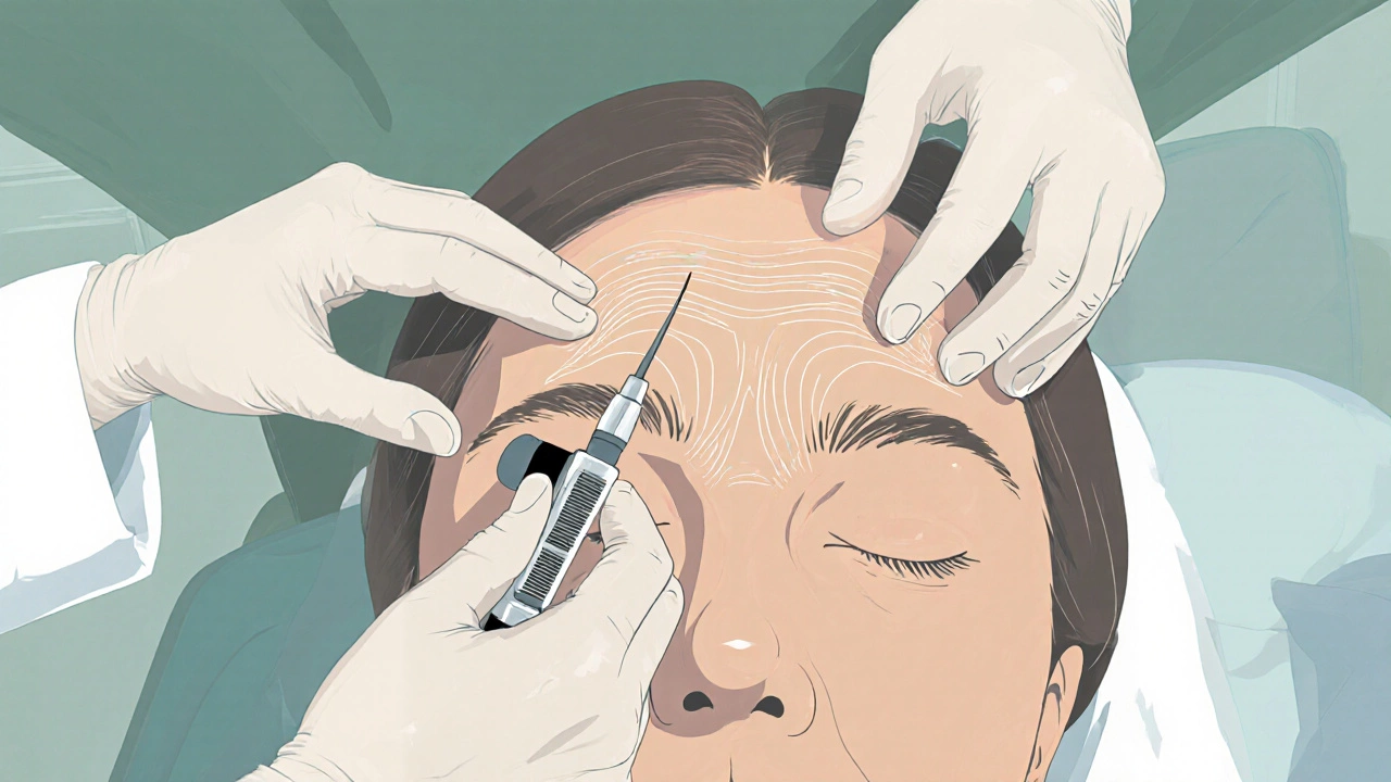 Close‑up of dermatologist injecting Botox, showing wrinkles smoothing on forehead.
