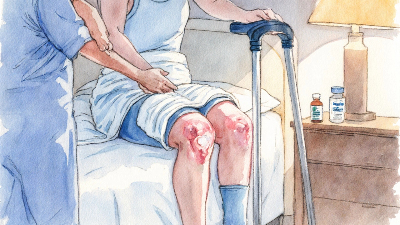 Day 2 patient sitting on a bed with an ice pack, compression sleeve, and therapist guiding exercises.