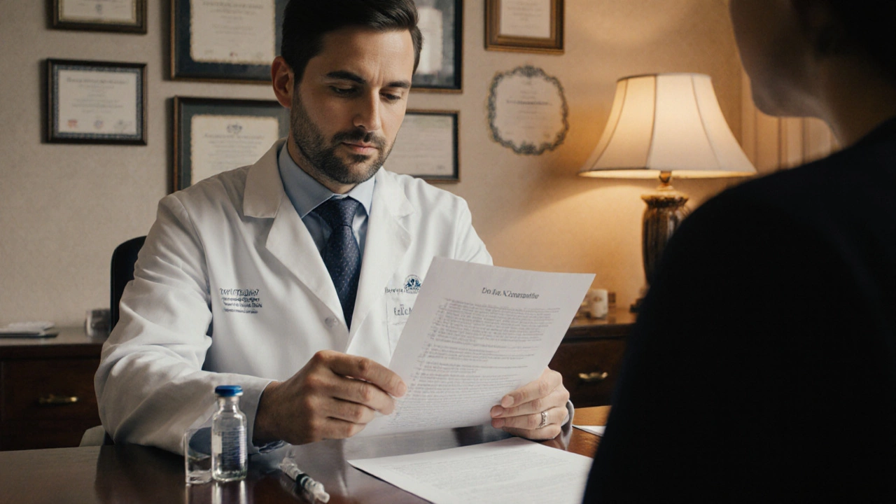 Dermatologist reviewing consent and Botox vial, illustrating safe treatment process.