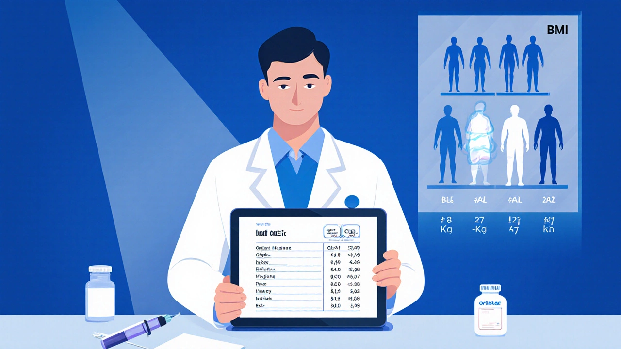 Doctor reviewing lab results on a tablet with GLP‑1 injection pen and Orlistat bottle beside a BMI chart.