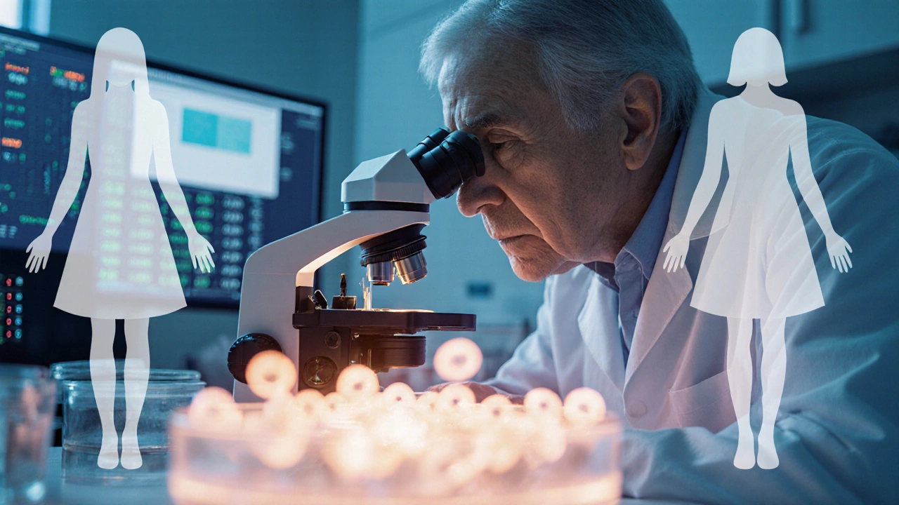 Embryologist examining embryos under a microscope, with faint age silhouettes indicating success rates.
