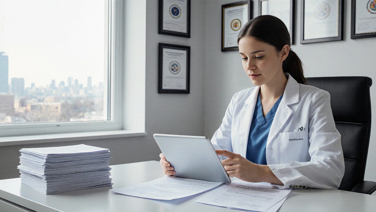 Fertility specialist reviewing eligibility documents in a modern clinic.