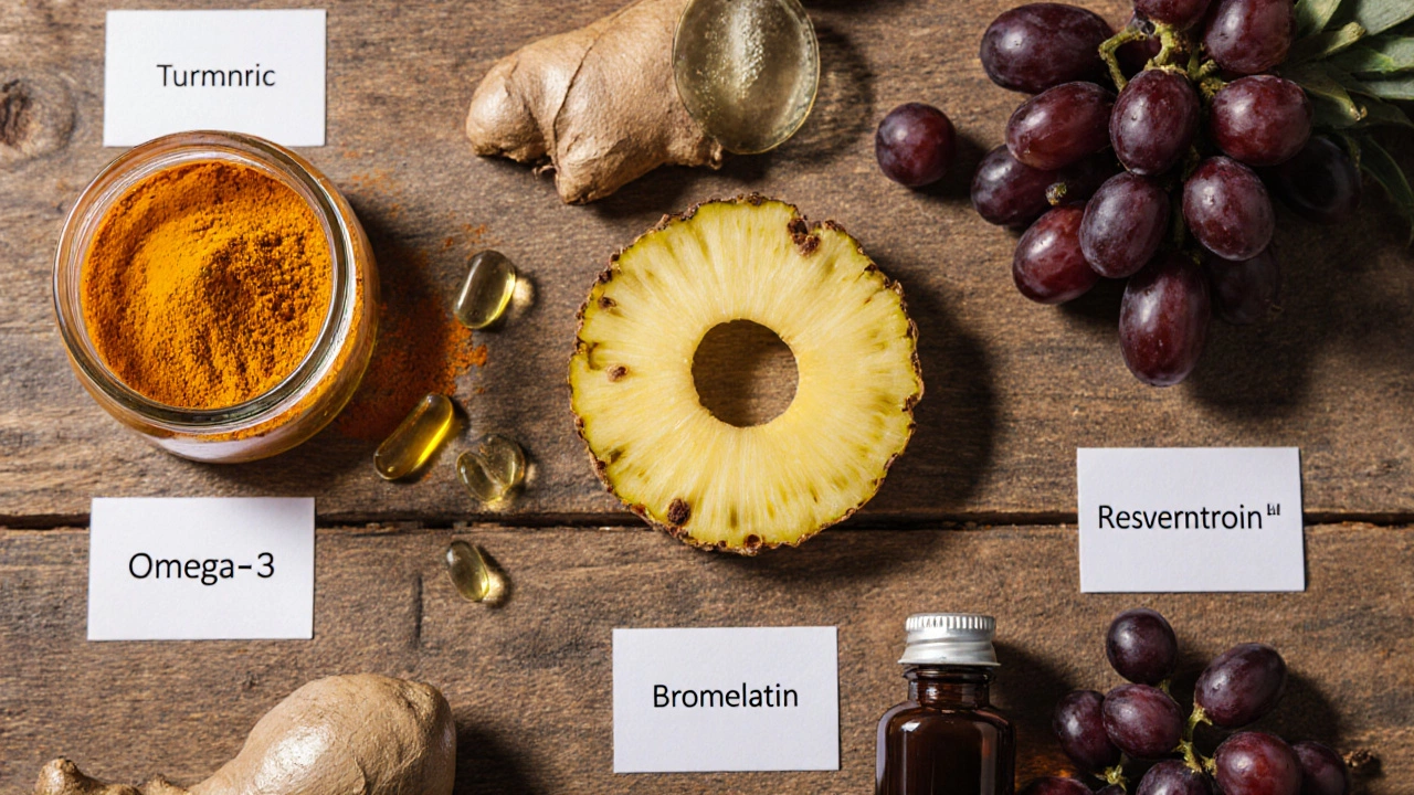 Flat‑lay of turmeric, fish oil capsules, ginger, boswellia, pineapple, grapes, and berries with dosage cards.