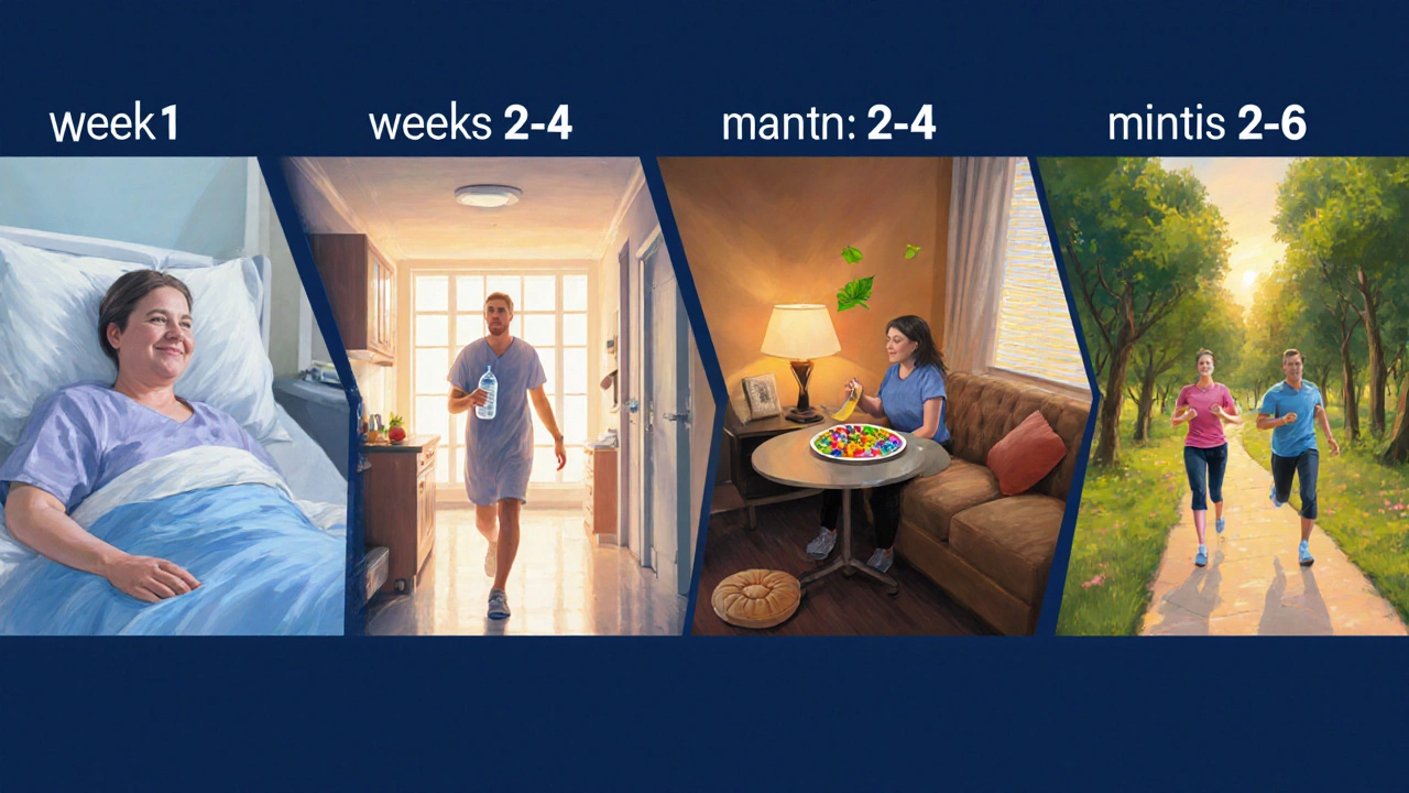 Four‑panel painting of a patient progressing from bed rest to walking, healthy meals, meditation, and outdoor cardiac rehab.