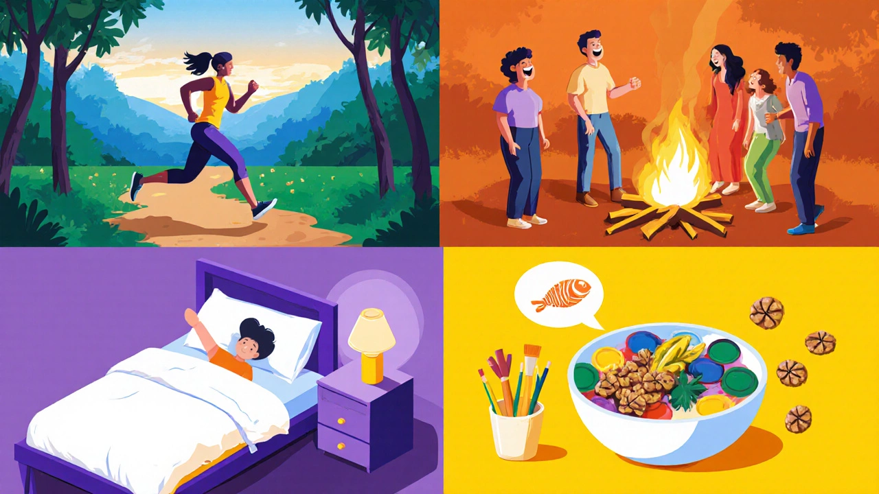 Illustrated quadrants showing jogging, friends around a fire, bedtime stretch, and art with healthy snacks.
