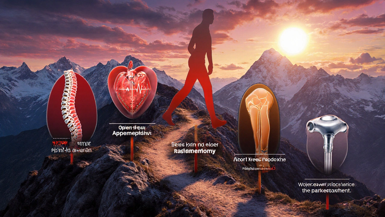 Illustrated ranking of the five most painful surgeries with symbolic icons.