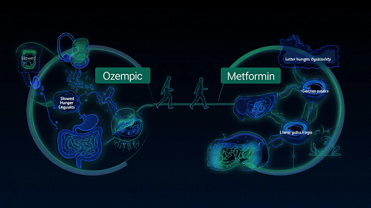 Illustration of biological pathways for Ozempic and metformin with glowing blue and green tones.