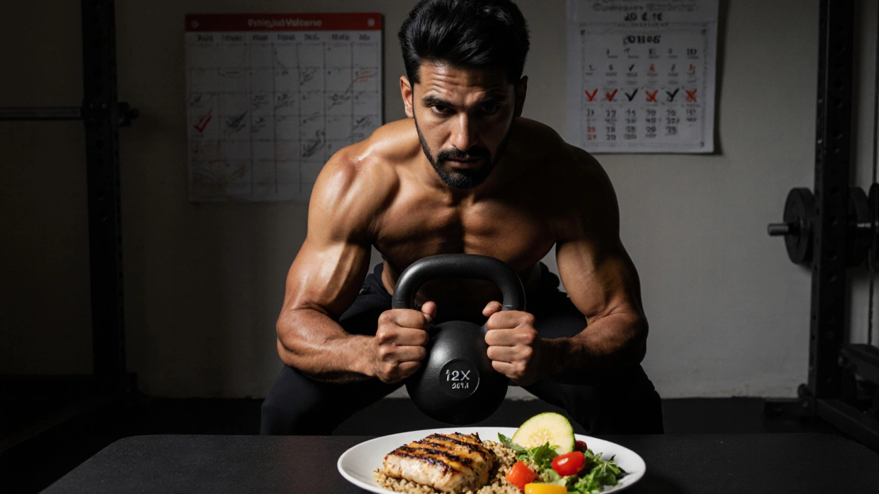 Individual doing kettlebell squats with a calendar and balanced meal plate in the background.