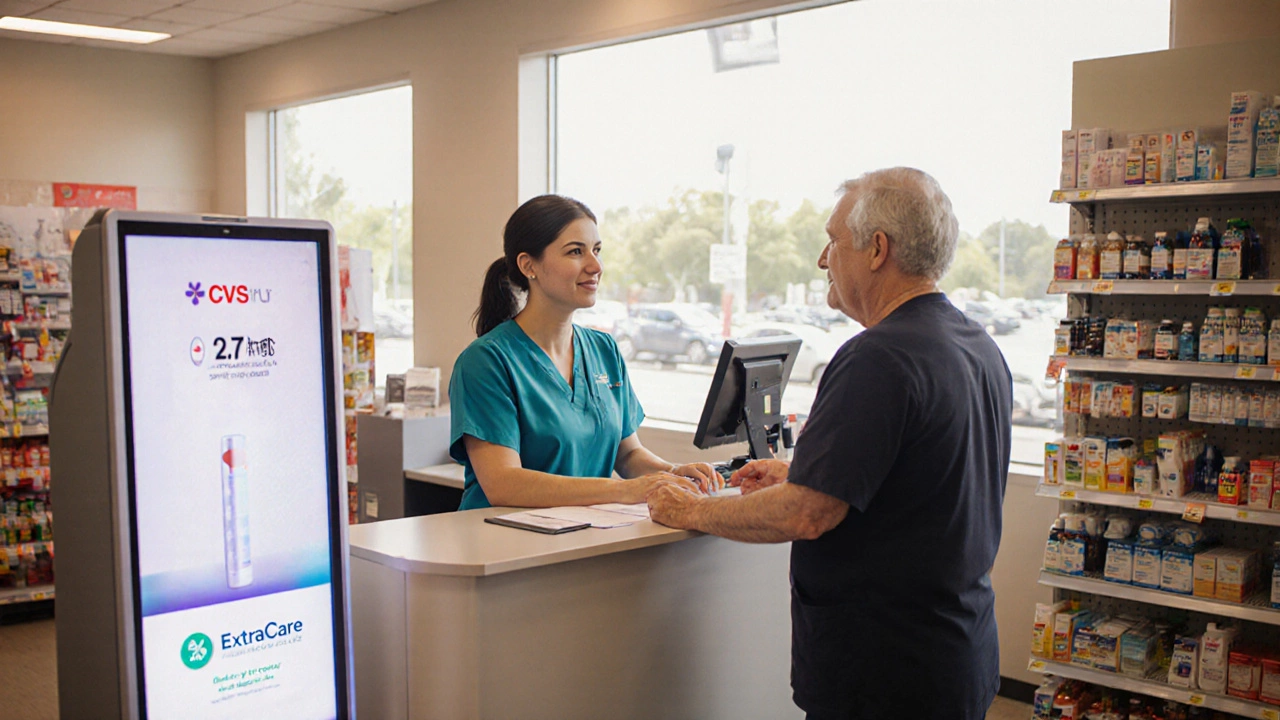 Inside a CVS HealthHUB, nurse practitioner consulting a patient near a lab kiosk and wellness shelves.