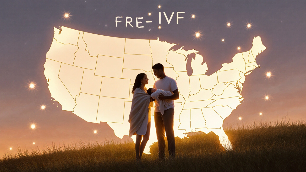 Joyful family with newborn on a hill, US map glowing in background.