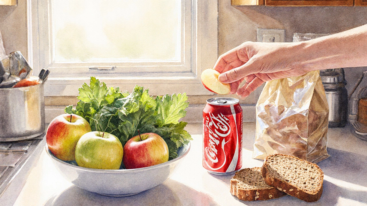 Kitchen counter showing fresh produce beside a soda can and snack, hand reaching for fruit.