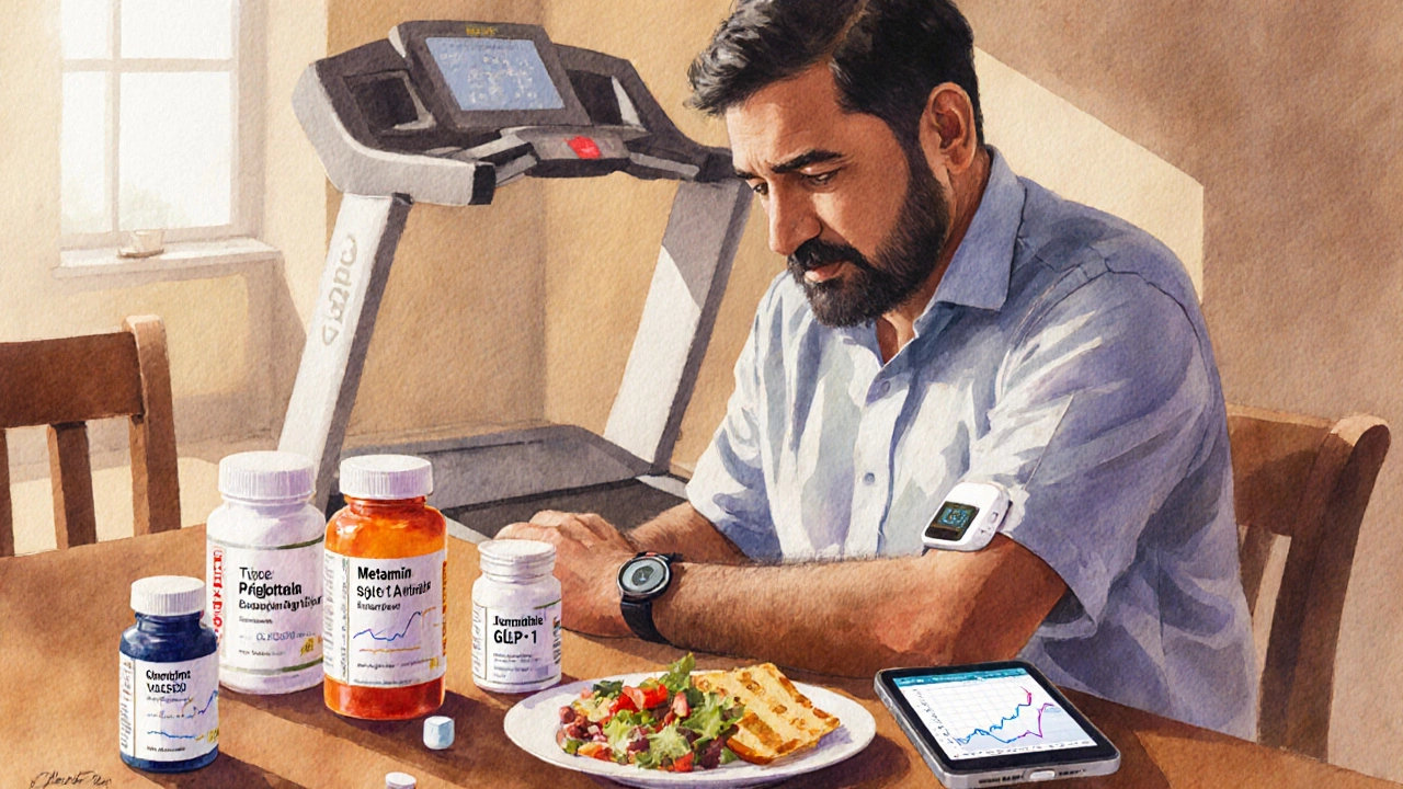 Middle‑aged Indian man at a table surrounded by pill bottles, a CGM, a smartphone glucose chart, food, and a treadmill, illustrating type 2 diabetes challenges.