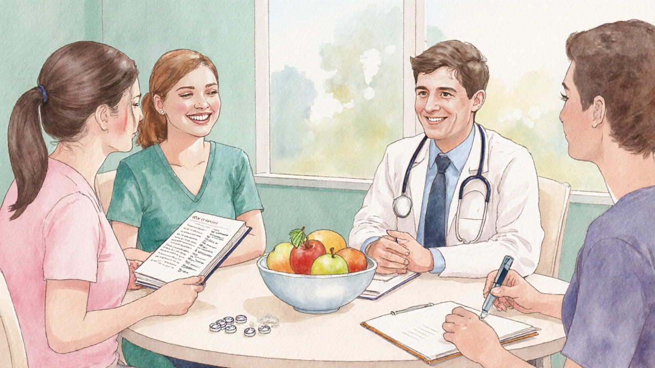 Patient meeting with doctor, dietitian, and psychologist at a table with medication samples and healthy food.