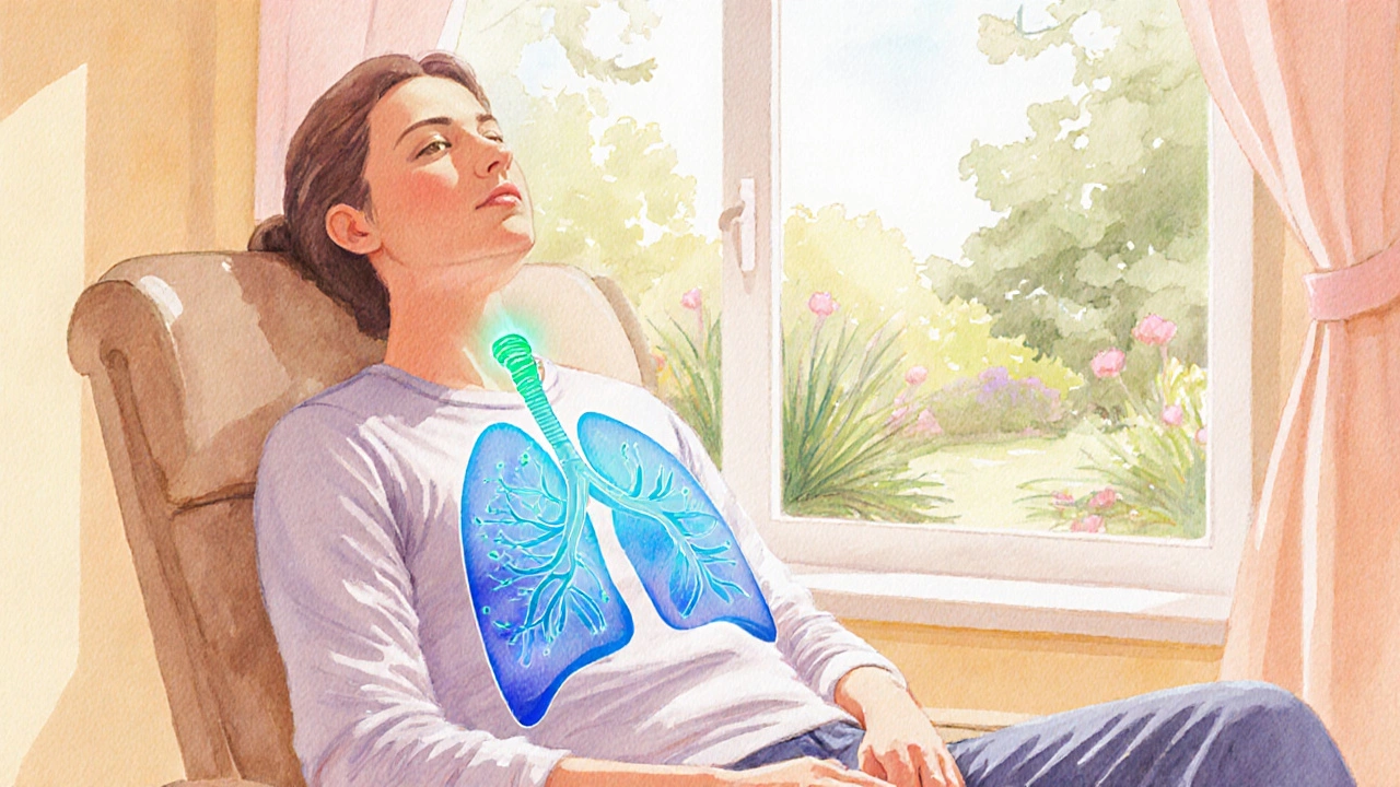 Patient practicing breathing exercise in a calming pastel room.
