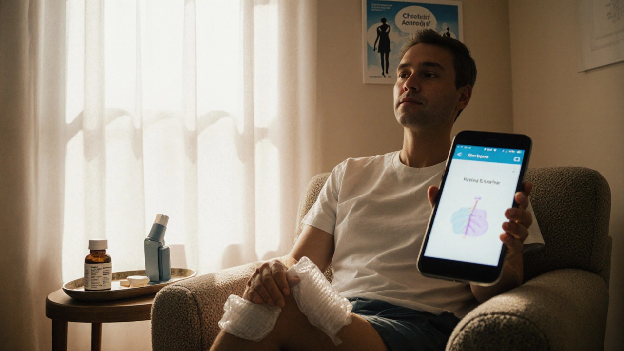 Patient recovering at home using ice, breathing exercises, and medication after knee replacement.