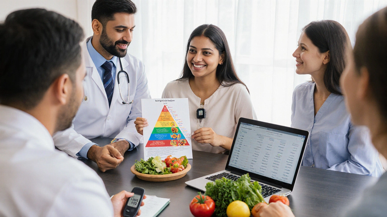 Patient with CGM meets endocrinologist, dietitian, and counselor at a table with fresh vegetables and a glucose meter, showing teamwork in diabetes care.