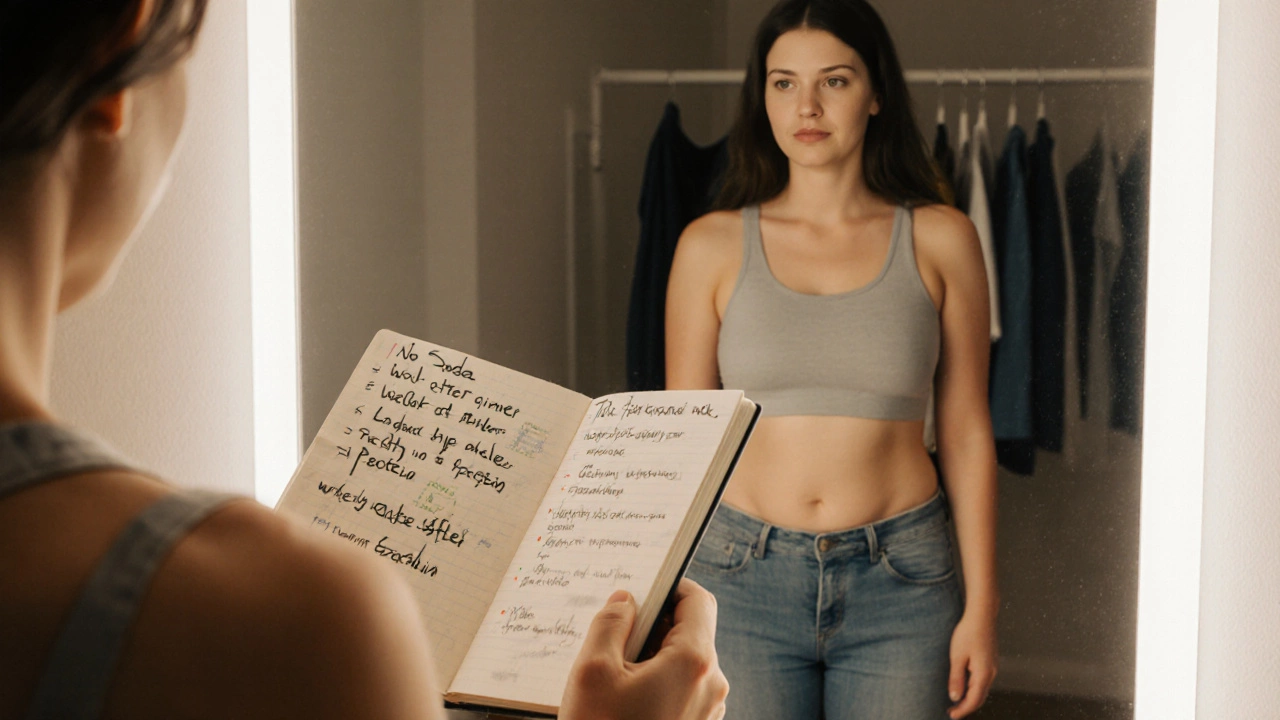 Person holding journal with healthy habit notes, mirror showing before and after body changes.