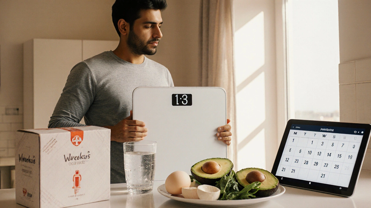 Person weighing themselves beside a protein breakfast and a sealed medication delivery box.