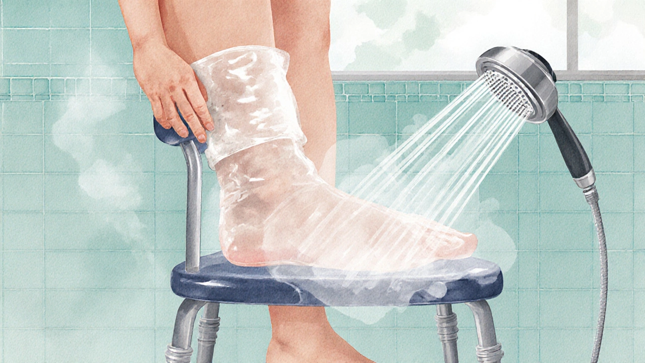 Post‑op patient seated on shower chair, knee covered by transparent dressing, handheld showerhead nearby.