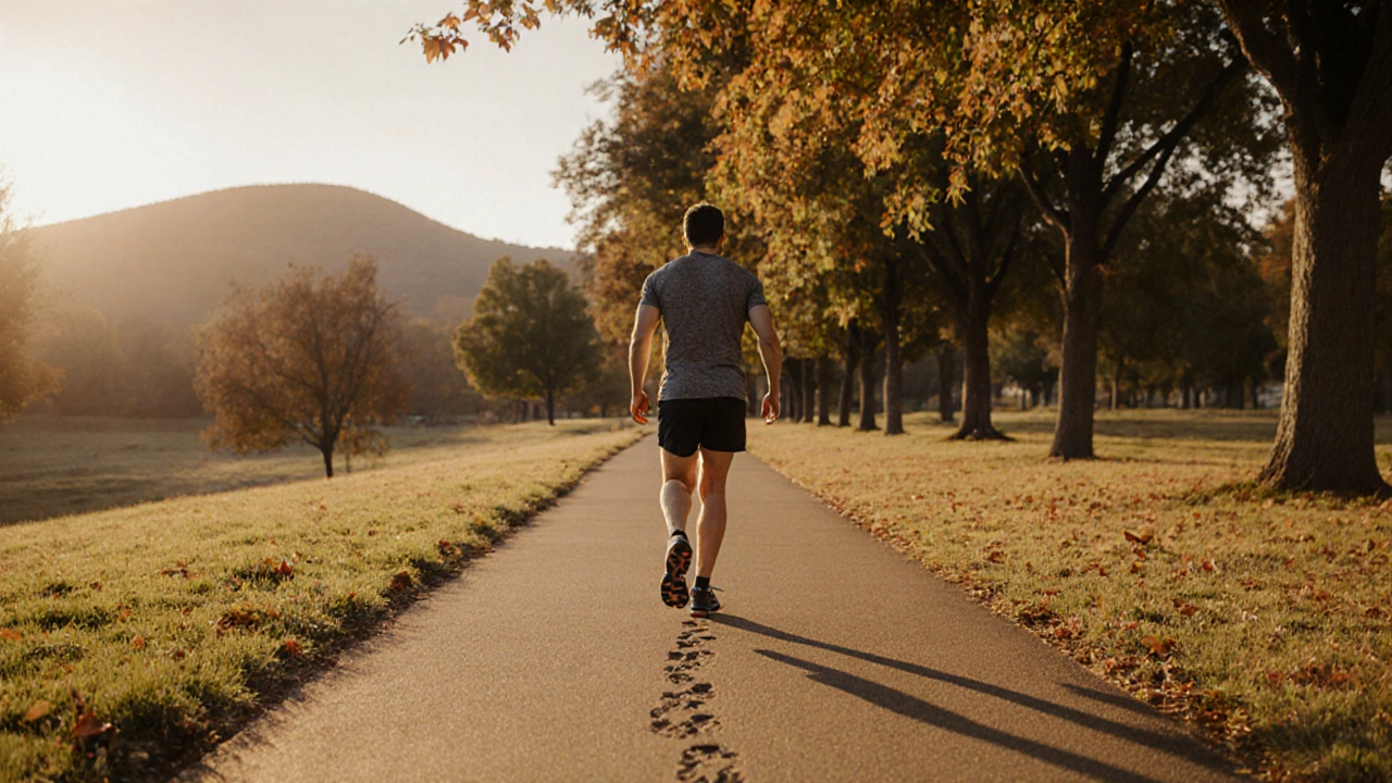 Recovered patient walking confidently on a sunlit park path during golden hour.