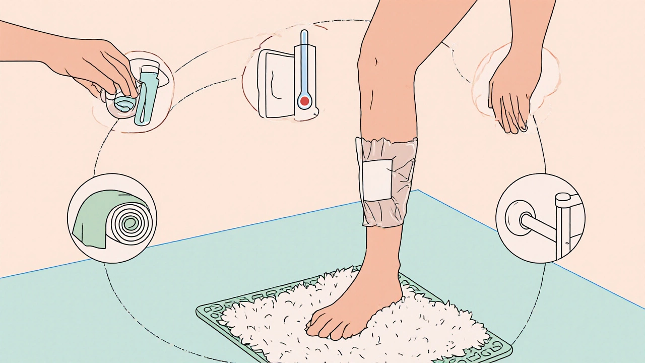 Series of line‑art icons showing water temperature test, plastic wrap, non‑slip mat, towel pat, grab bar, and helping hand.