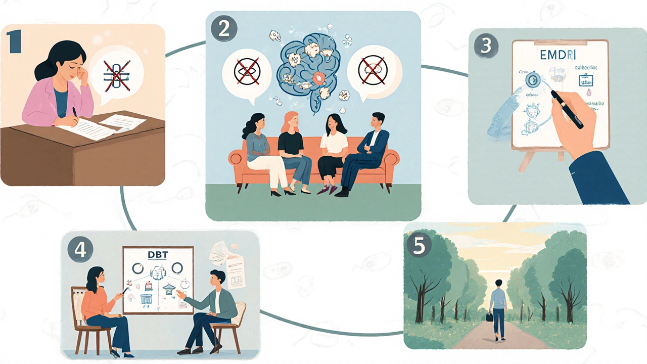 Series of scenes depicting five different psychotherapy approaches.