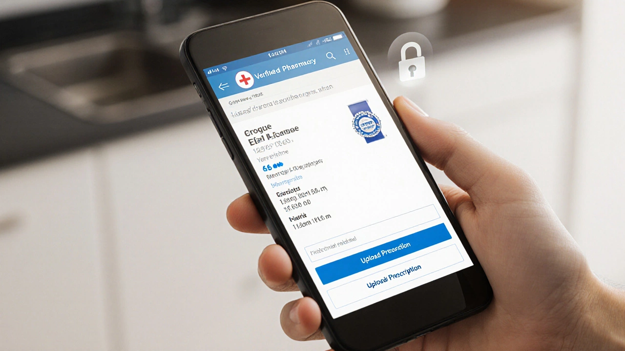 Smartphone screen showing pharmacy site with licence seal, prescription upload button, and product details.