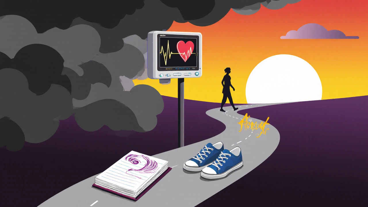 Symbolic path from ICU darkness to hopeful sunrise showing recovery tools.