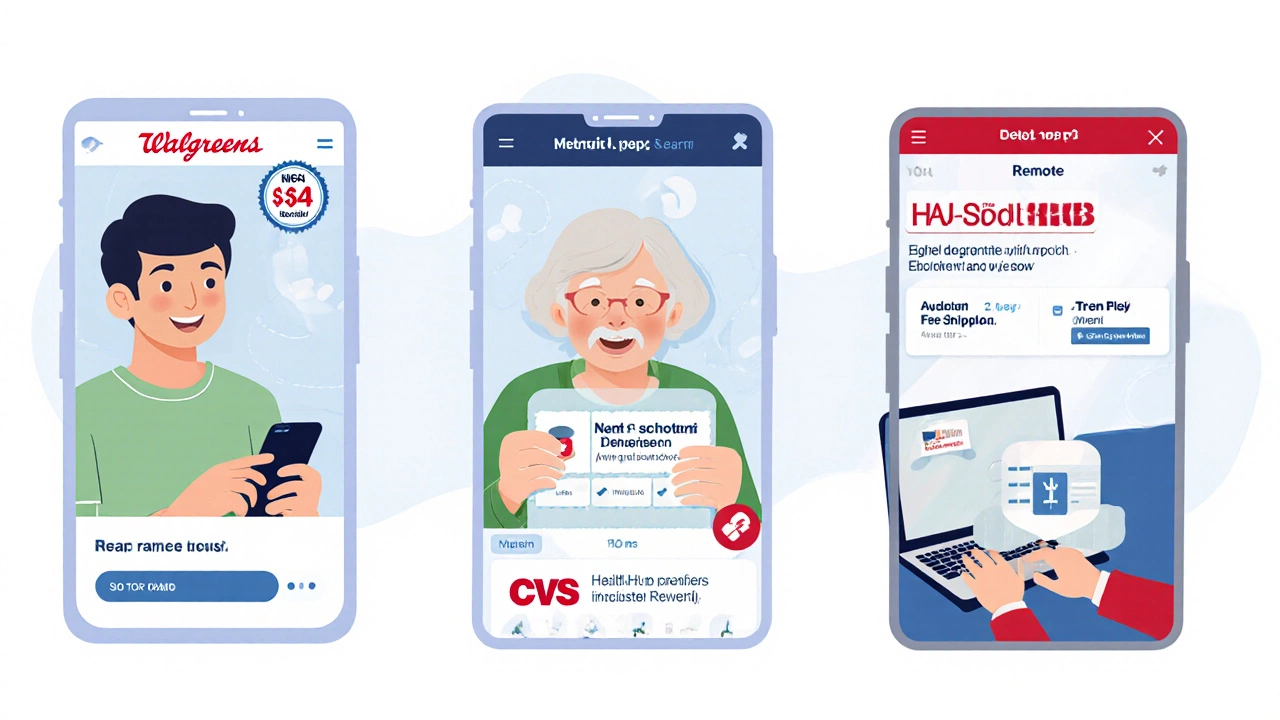 Three scenes showing a student, senior, and remote worker using pharmacy apps for savings.