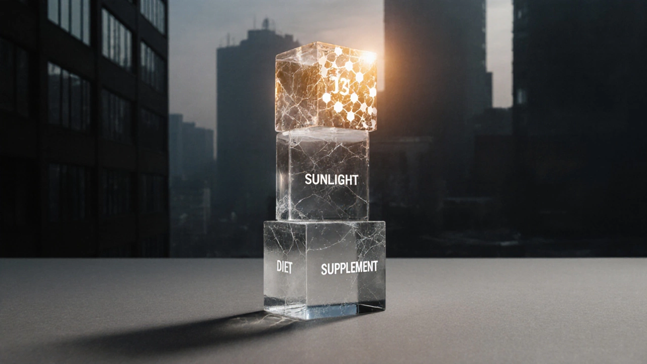 Three transparent cubes showing sunlight, diet, and supplement—D3 glowing brightest.