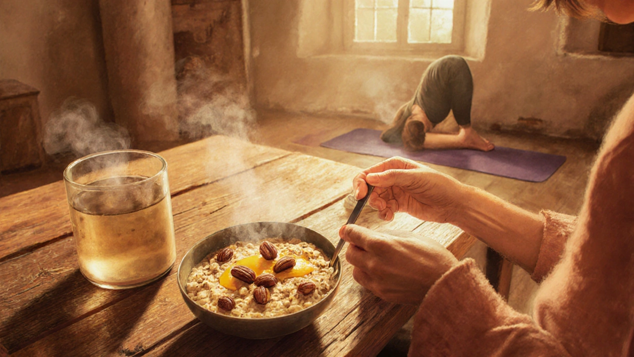 Vata individual enjoying warm oatmeal in a cozy kitchen, with yoga mat and ginger water.