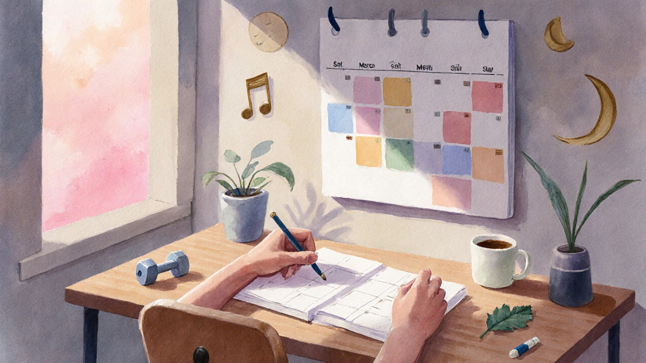 Watercolor of someone planning a week, surrounded by subtle icons of wellness activities.