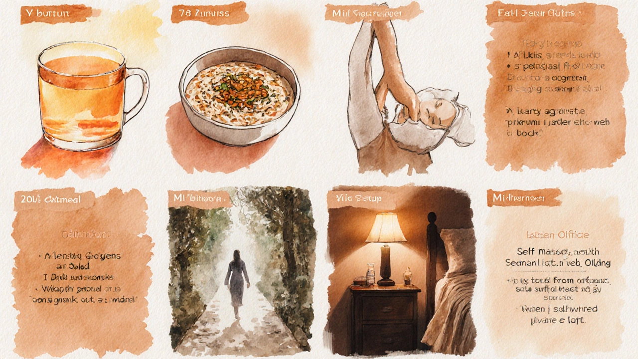 Watercolor timeline of a Vata person's balanced daily routine from morning to night.