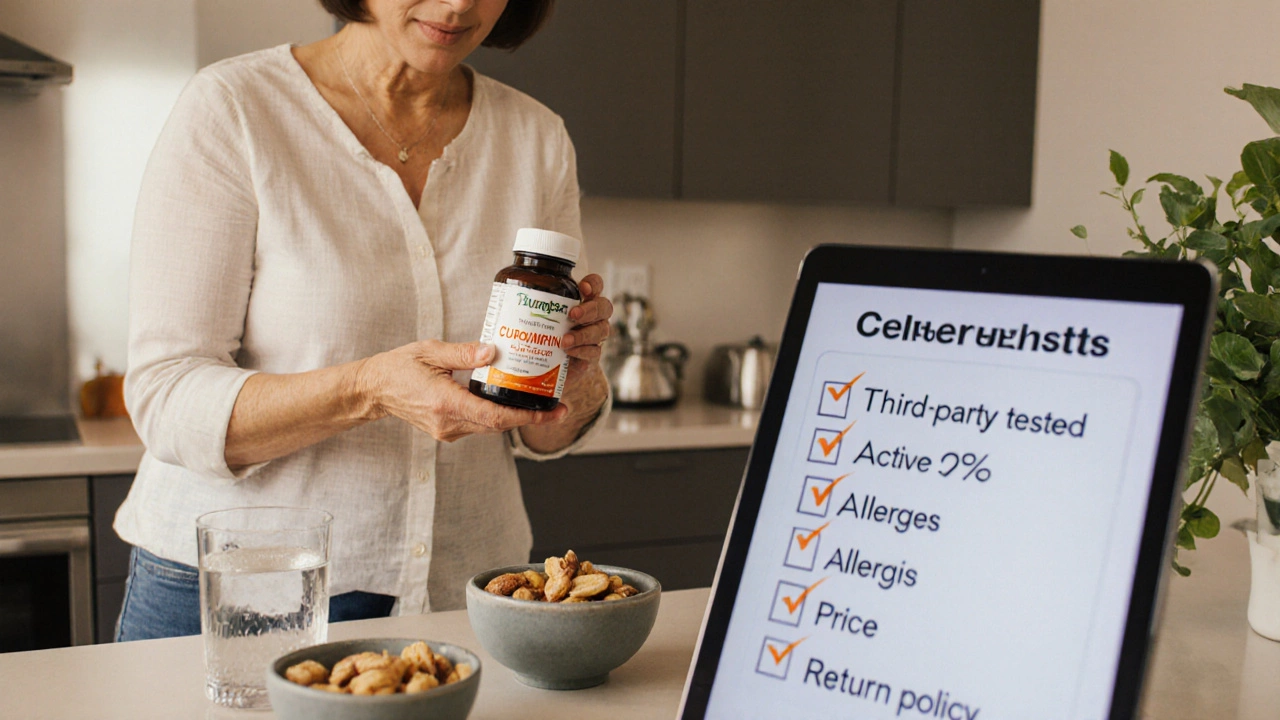 Woman in kitchen reviewing supplement bottles and a checklist on a tablet, highlighting informed choices.