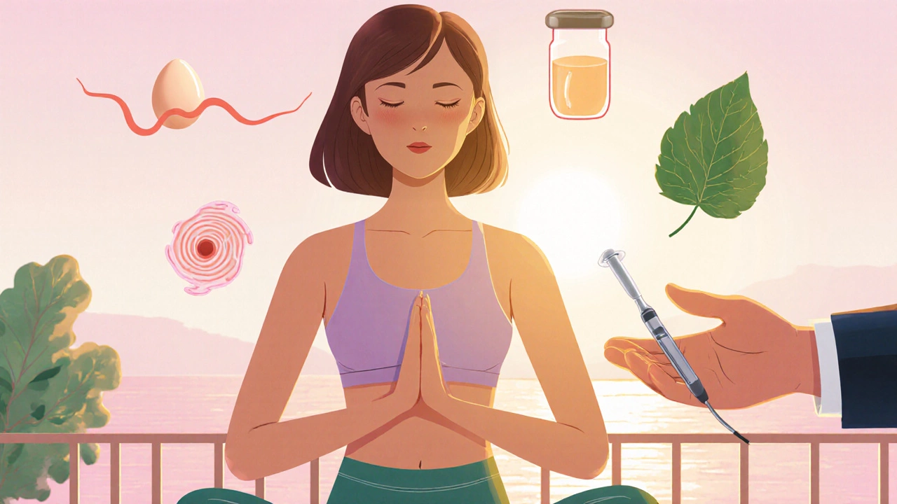 Woman practicing yoga at sunrise, surrounded by subtle IVF symbols and a doctor's hand offering a single embryo.