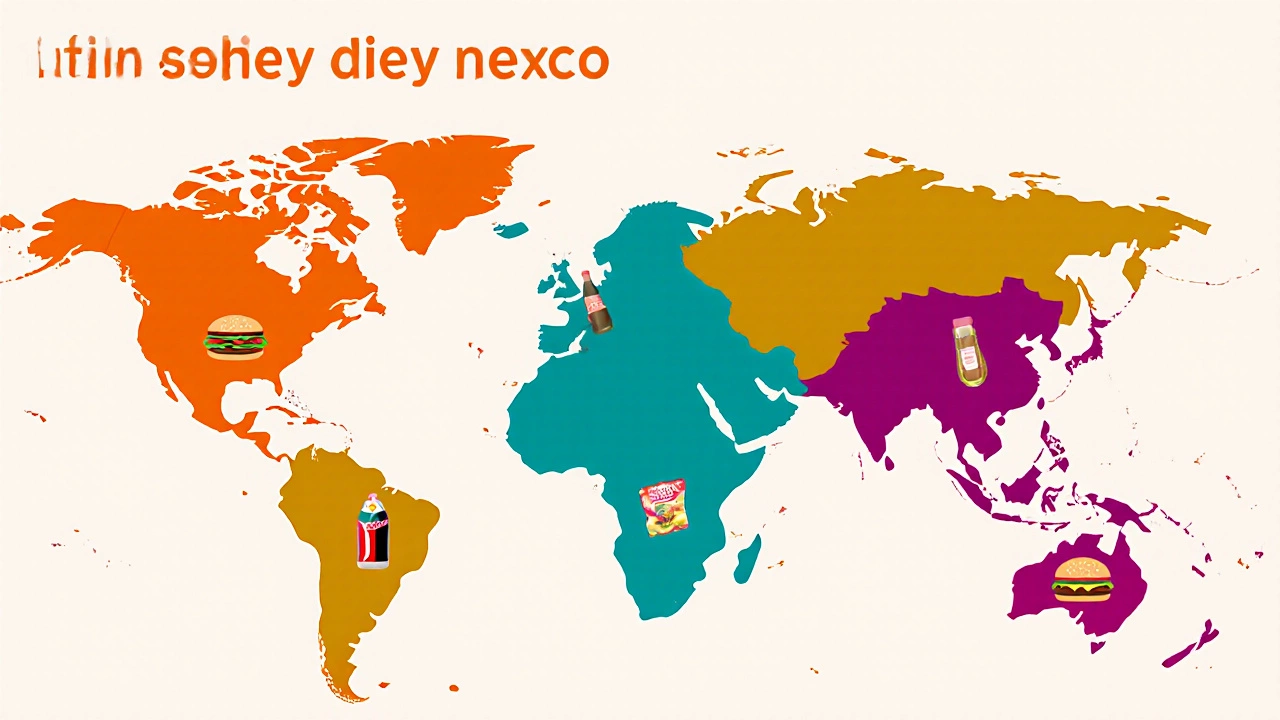 World map highlighting US, UK, Australia, Saudi Arabia, and Mexico with food icons.