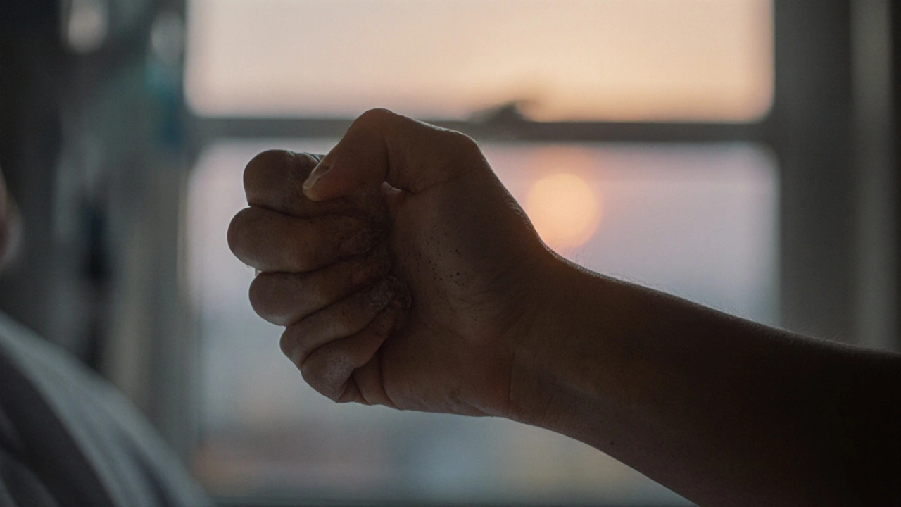 A caregiver holding the cool hand of a loved one at twilight, conveying silent comfort and connection.