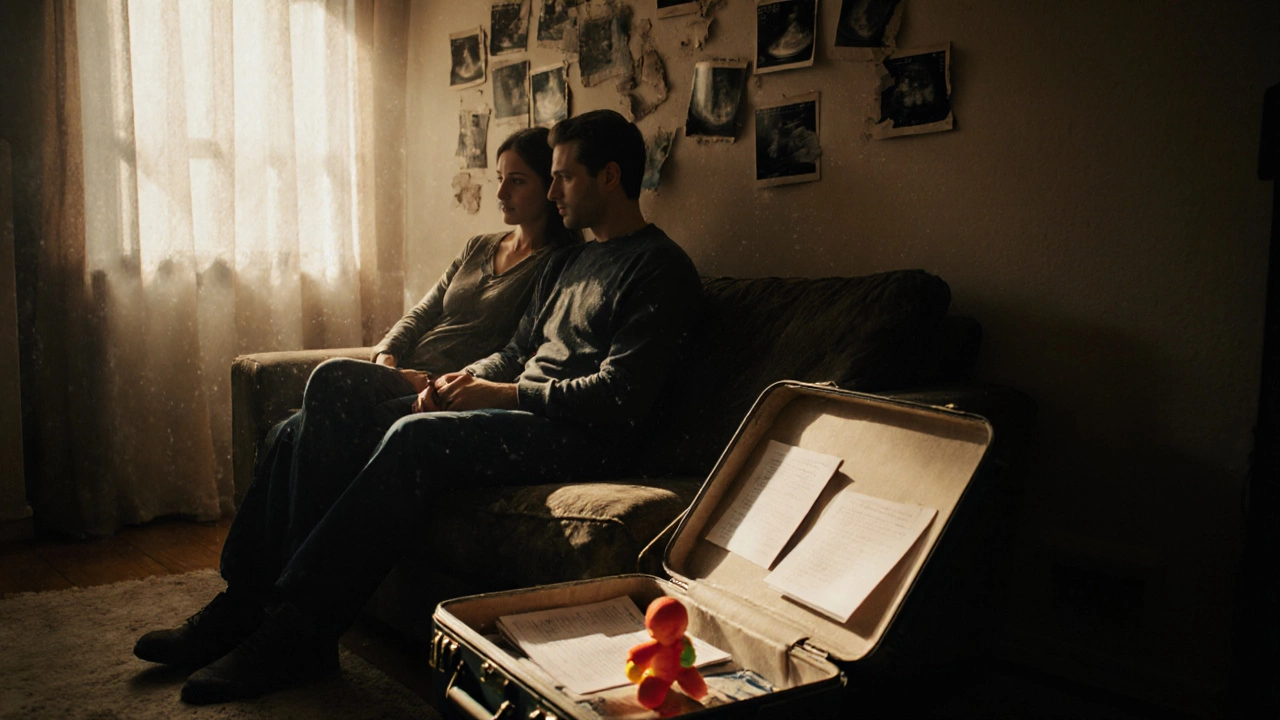 A couple sits back-to-back on a sofa, medical papers and a child&#039;s toy nearby.
