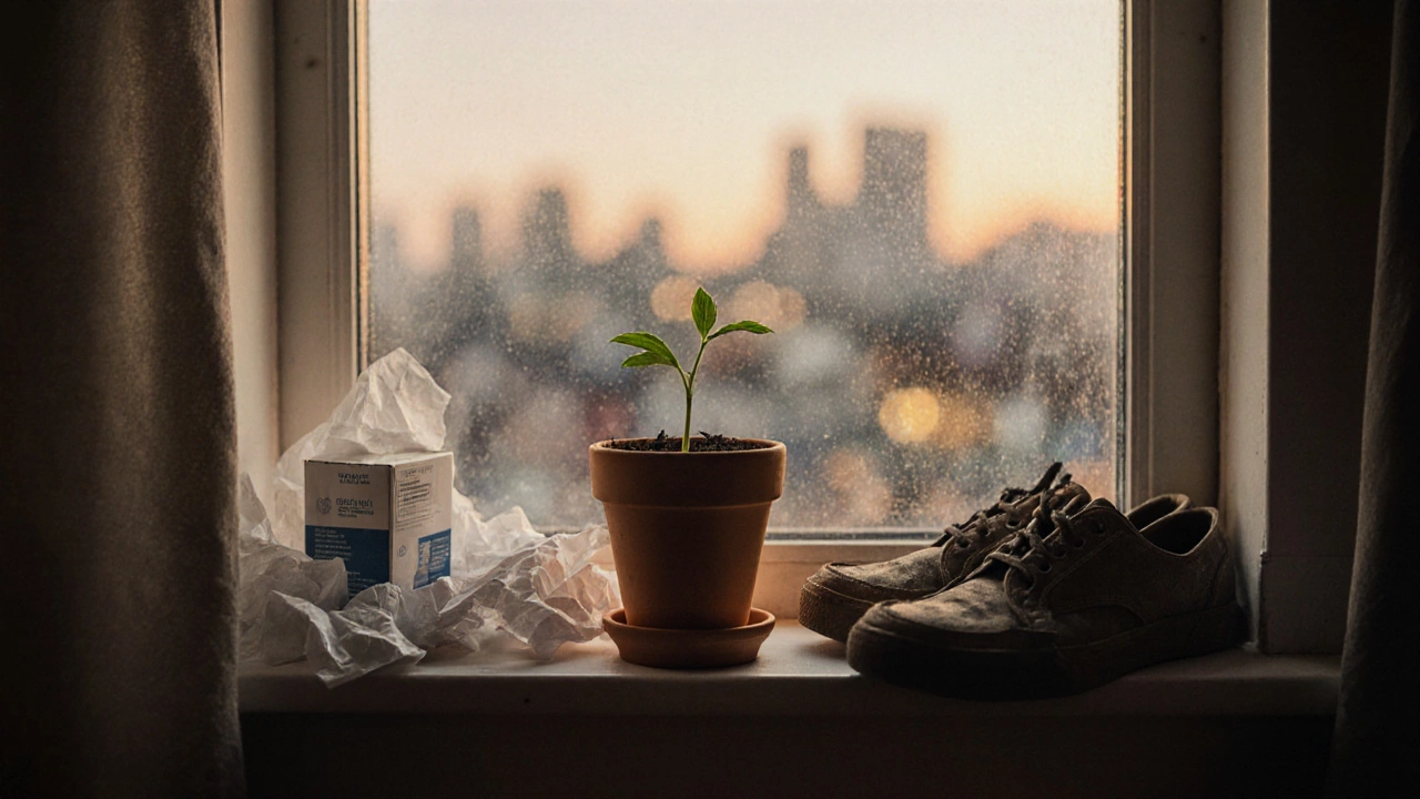 A small seedling grows amid empty medicine boxes on a windowsill.