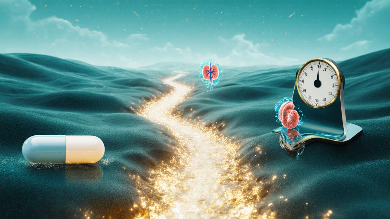 A symbolic tablet dissolving into molecules that protect the heart and kidneys while reducing weight, in abstract medical art style.