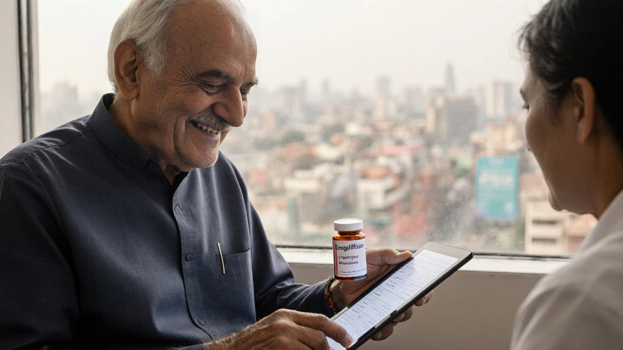 An Indian man with his doctor reviewing diabetes test results, holding a new medication bottle in a clinic setting.