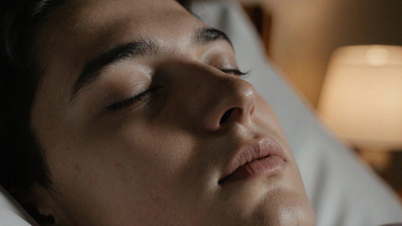 Close-up of a person’s face with unfocused eyes and irregular breathing, softly lit, exuding calm presence.