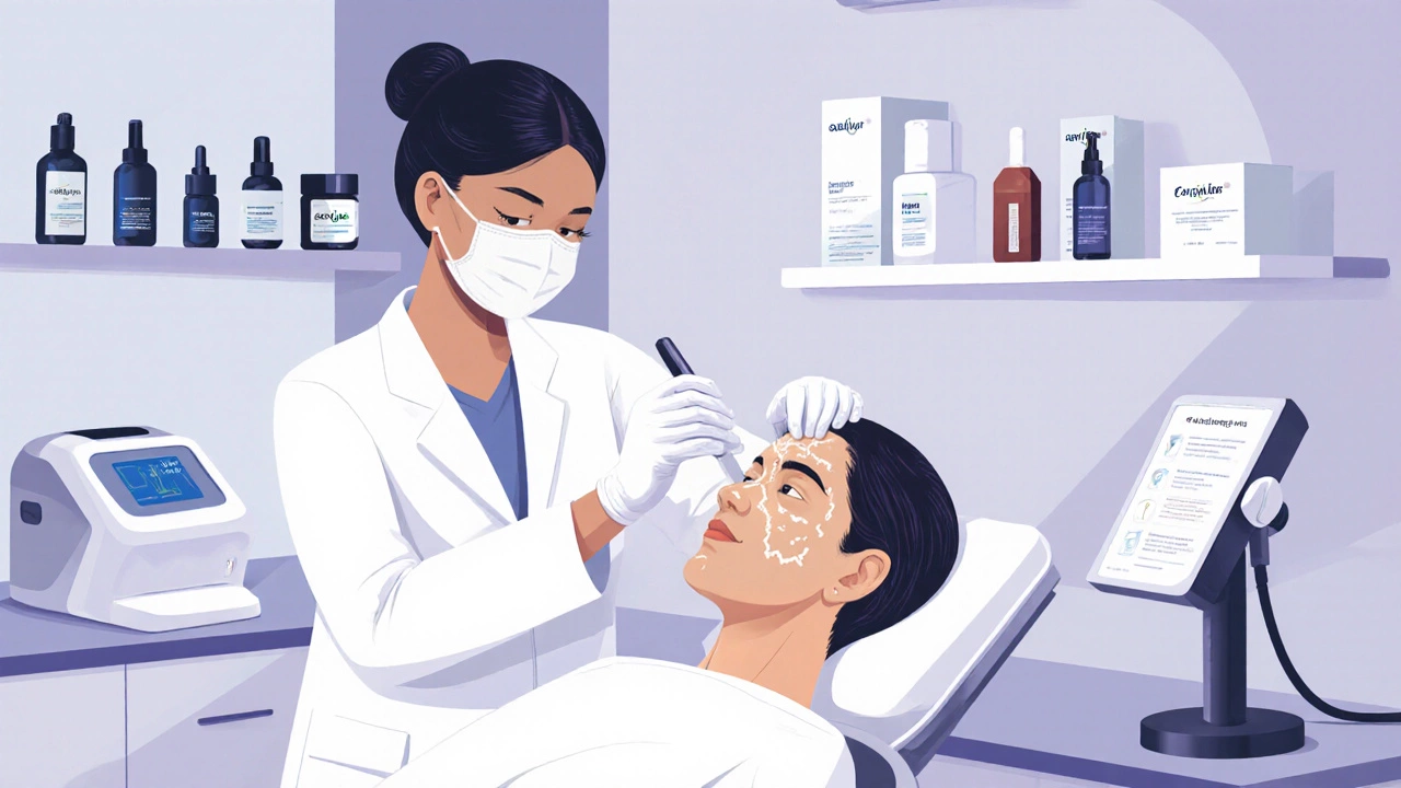 Dermatologist applying chemical peel to patient in clean Bangalore clinic, laser device on counter.