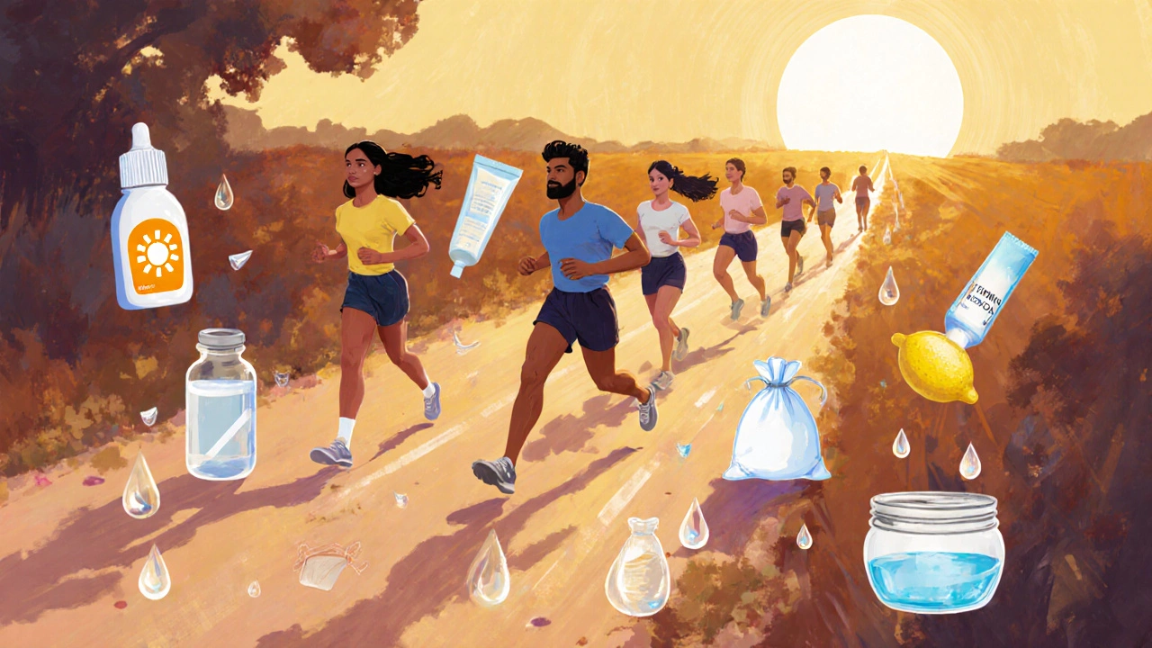 Diverse people running a marathon toward healthy skin, avoiding harmful skincare pitfalls.